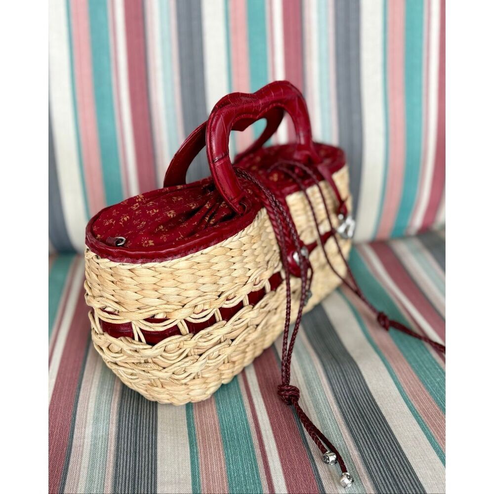BRIGHTON Vintage "Marilyn" Woven Heart Satchel/Red Croco-Embossed Leather Trim - Picture 5 of 14
